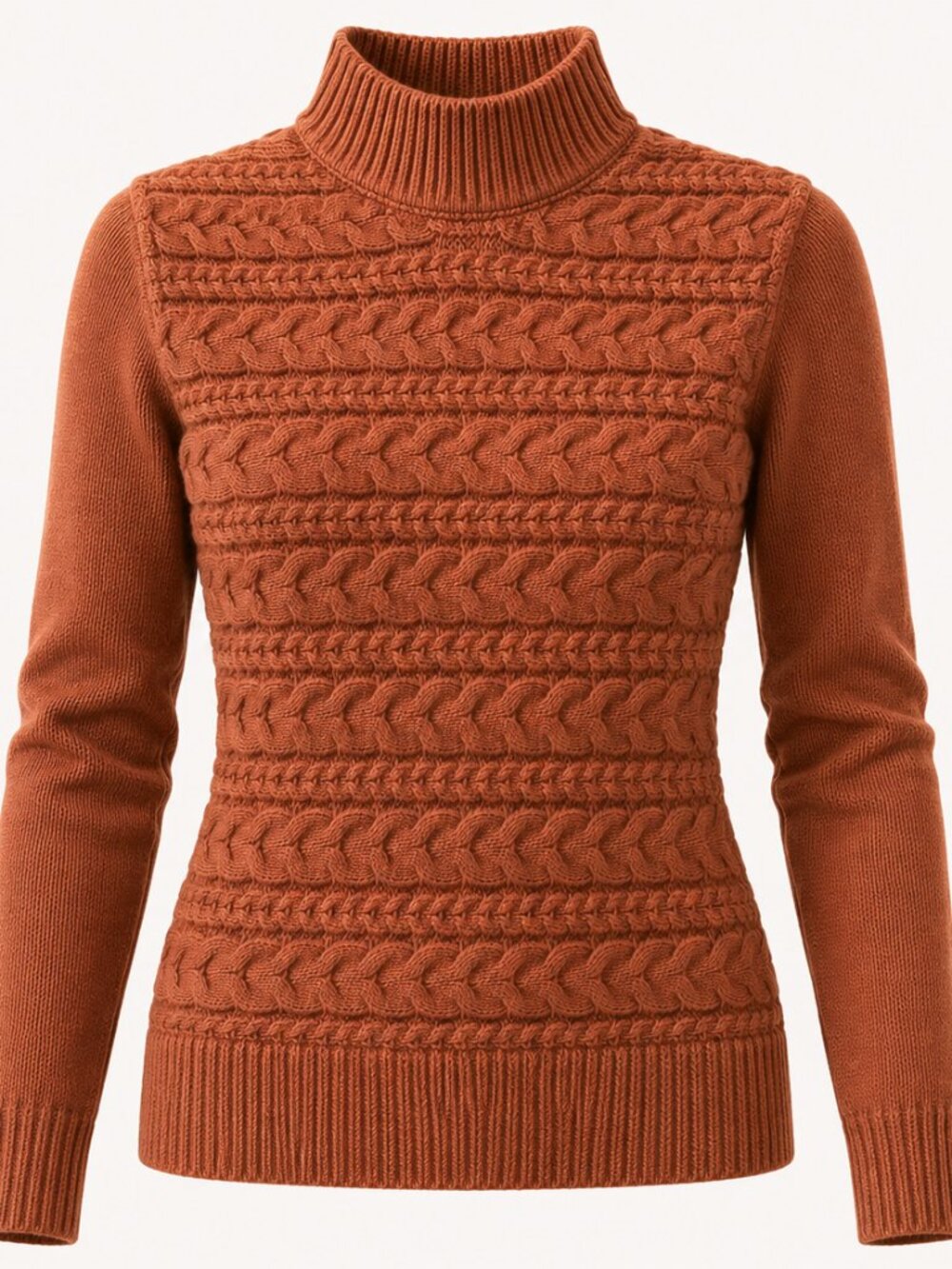 Blank NYC Cable Knit, Puffed Shoulder, Mock Neck Sweater in Rust Orange